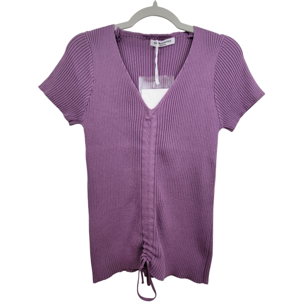 Boutique Fitted V- Neck Purple Ribbed Front Scrunch Top